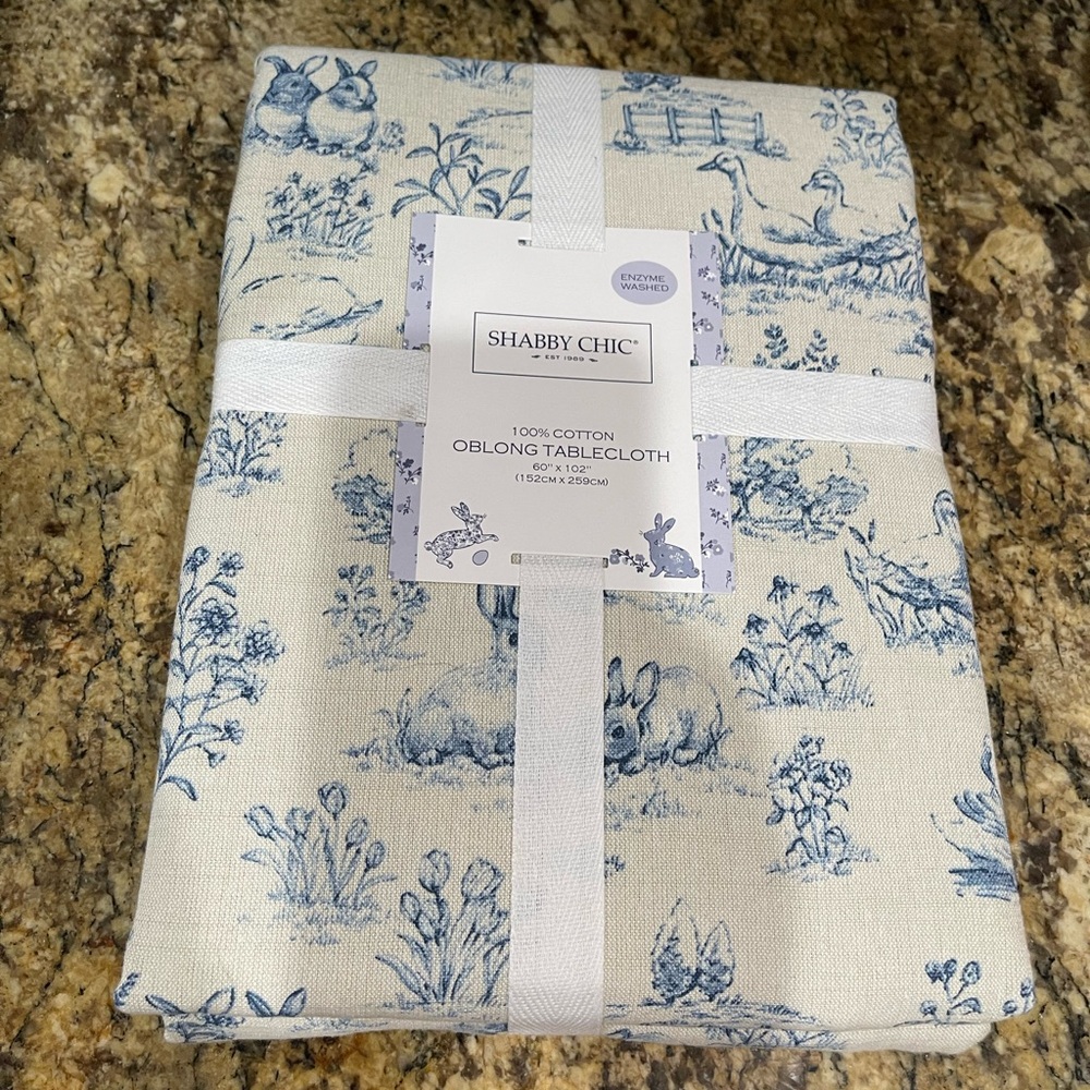 Shabby Chic Blue and Cream Rabbit Toile Oblong tablecloth 60”x102” New!